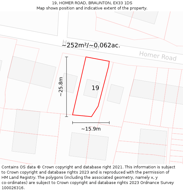 19, HOMER ROAD, BRAUNTON, EX33 1DS: Plot and title map