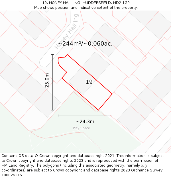 19, HONEY HALL ING, HUDDERSFIELD, HD2 1GP: Plot and title map