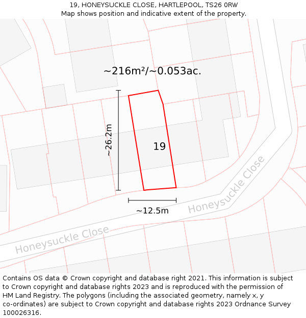 19, HONEYSUCKLE CLOSE, HARTLEPOOL, TS26 0RW: Plot and title map