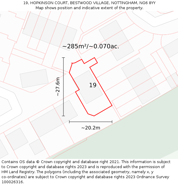 19, HOPKINSON COURT, BESTWOOD VILLAGE, NOTTINGHAM, NG6 8YY: Plot and title map