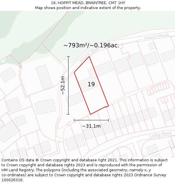 19, HOPPIT MEAD, BRAINTREE, CM7 1HY: Plot and title map