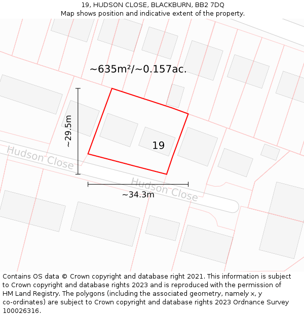 19, HUDSON CLOSE, BLACKBURN, BB2 7DQ: Plot and title map