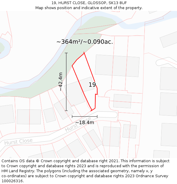 19, HURST CLOSE, GLOSSOP, SK13 8UF: Plot and title map
