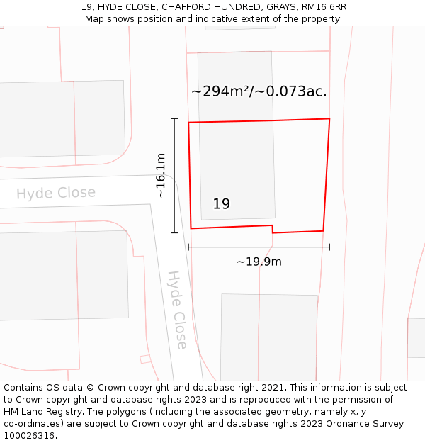 19, HYDE CLOSE, CHAFFORD HUNDRED, GRAYS, RM16 6RR: Plot and title map