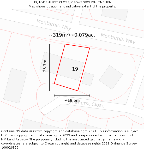 19, HYDEHURST CLOSE, CROWBOROUGH, TN6 1EN: Plot and title map