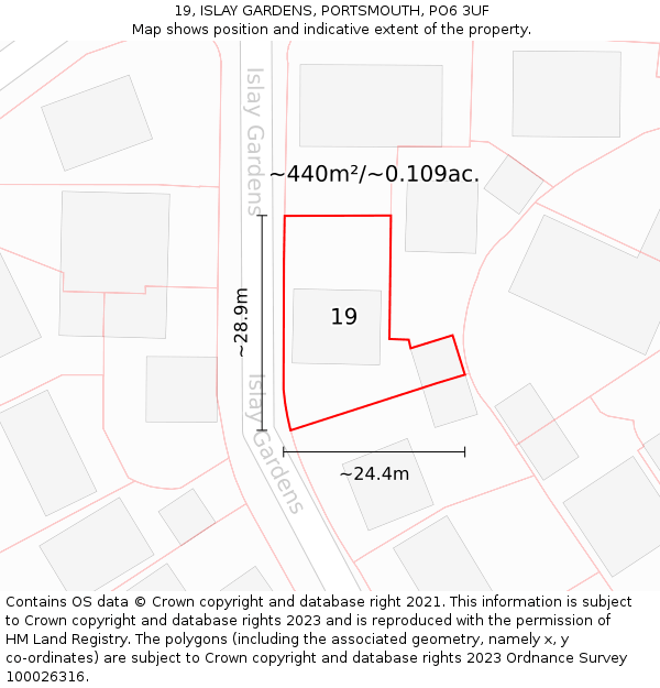 19, ISLAY GARDENS, PORTSMOUTH, PO6 3UF: Plot and title map