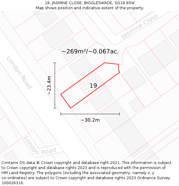 19, JASMINE CLOSE, BIGGLESWADE, SG18 8SW: Plot and title map