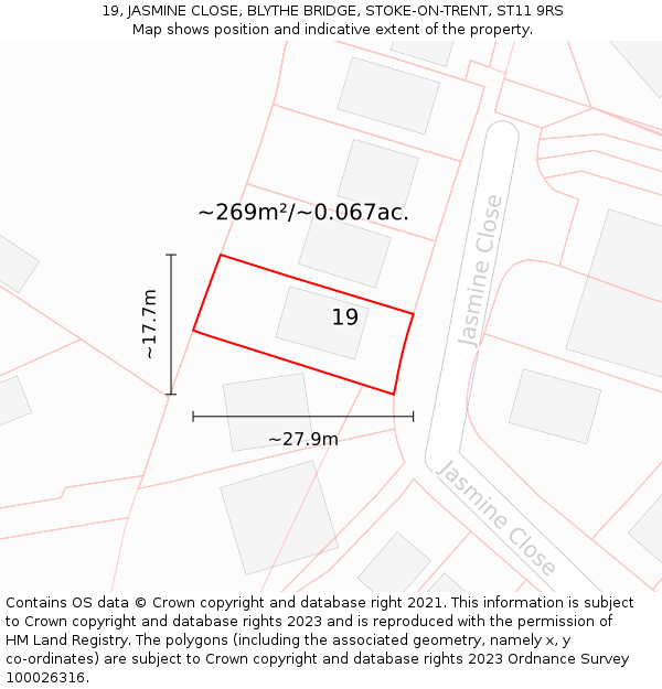 19, JASMINE CLOSE, BLYTHE BRIDGE, STOKE-ON-TRENT, ST11 9RS: Plot and title map