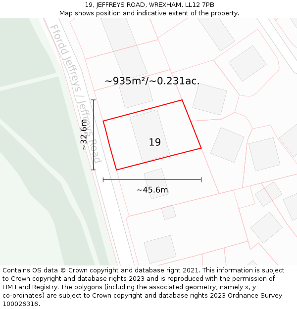 19, JEFFREYS ROAD, WREXHAM, LL12 7PB: Plot and title map