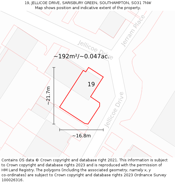 19, JELLICOE DRIVE, SARISBURY GREEN, SOUTHAMPTON, SO31 7NW: Plot and title map