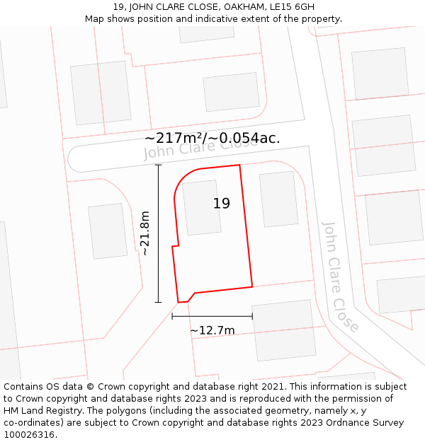 19, JOHN CLARE CLOSE, OAKHAM, LE15 6GH: Plot and title map