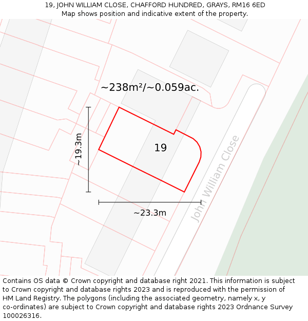 19, JOHN WILLIAM CLOSE, CHAFFORD HUNDRED, GRAYS, RM16 6ED: Plot and title map