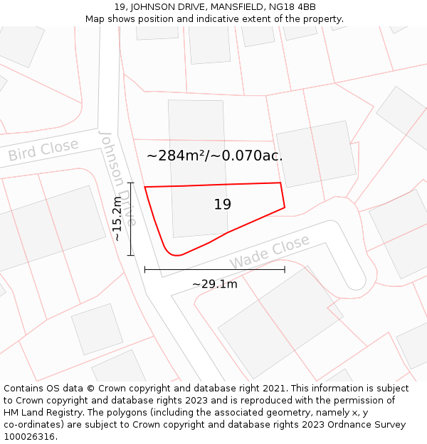 19, JOHNSON DRIVE, MANSFIELD, NG18 4BB: Plot and title map