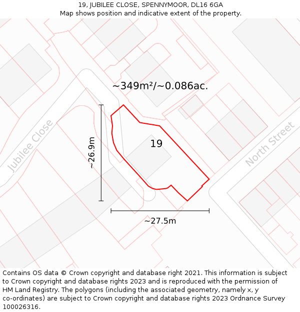 19, JUBILEE CLOSE, SPENNYMOOR, DL16 6GA: Plot and title map