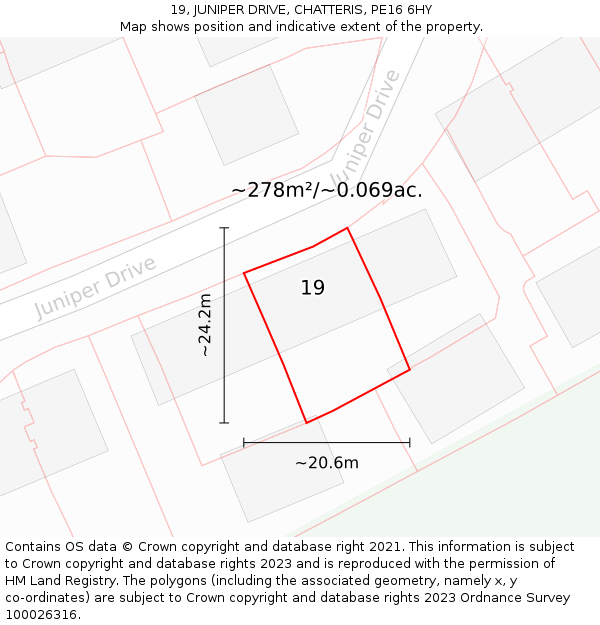 19, JUNIPER DRIVE, CHATTERIS, PE16 6HY: Plot and title map