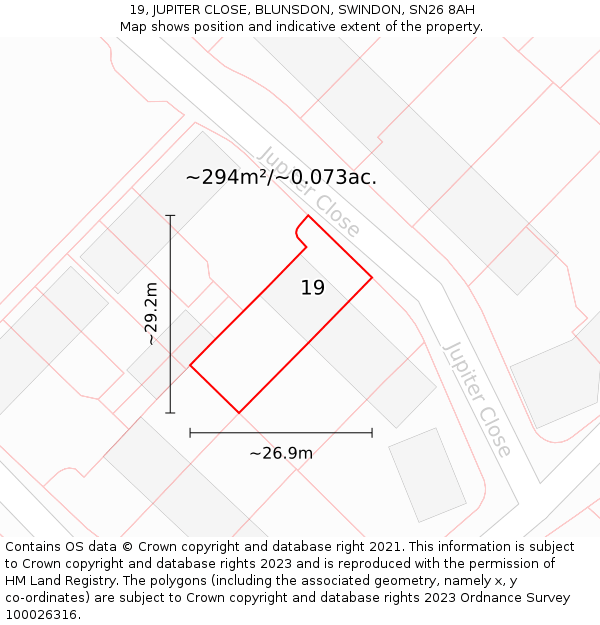 19, JUPITER CLOSE, BLUNSDON, SWINDON, SN26 8AH: Plot and title map