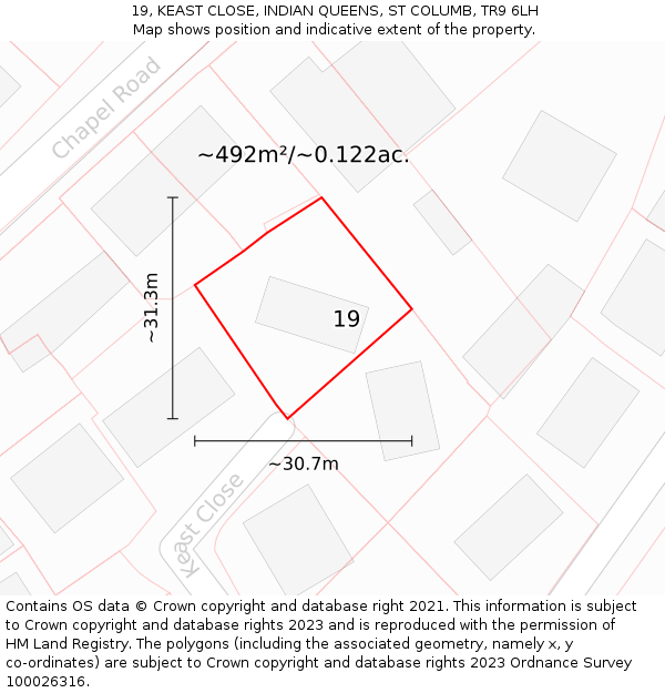 19, KEAST CLOSE, INDIAN QUEENS, ST COLUMB, TR9 6LH: Plot and title map