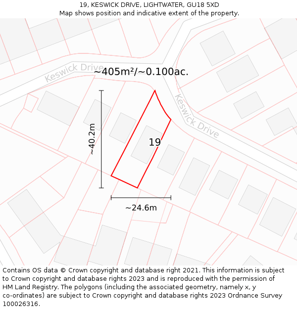 19, KESWICK DRIVE, LIGHTWATER, GU18 5XD: Plot and title map