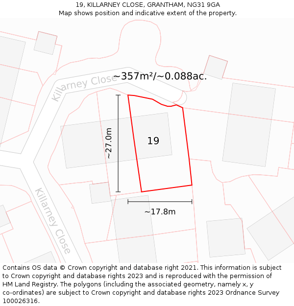 19, KILLARNEY CLOSE, GRANTHAM, NG31 9GA: Plot and title map