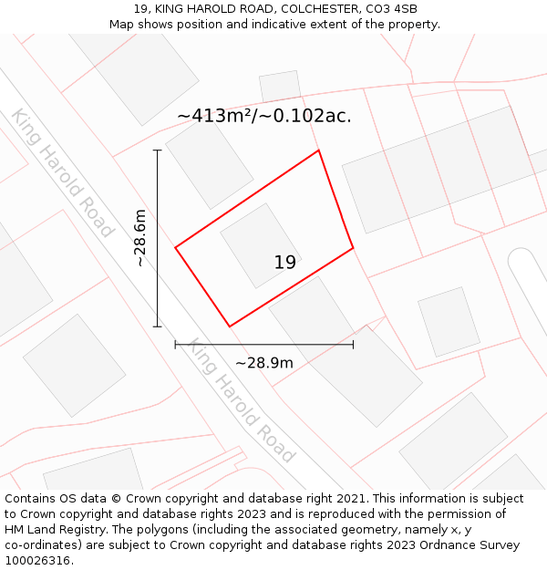 19, KING HAROLD ROAD, COLCHESTER, CO3 4SB: Plot and title map