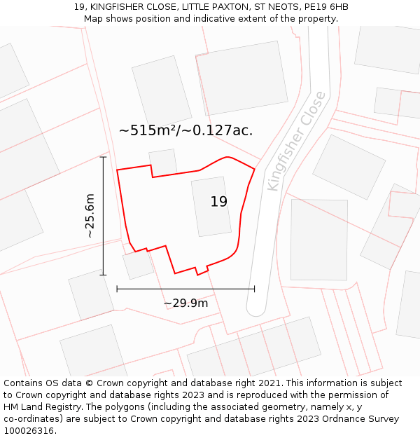 19, KINGFISHER CLOSE, LITTLE PAXTON, ST NEOTS, PE19 6HB: Plot and title map