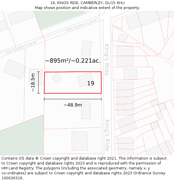 19, KINGS RIDE, CAMBERLEY, GU15 4HU: Plot and title map