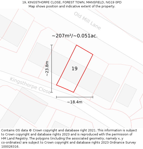 19, KINGSTHORPE CLOSE, FOREST TOWN, MANSFIELD, NG19 0PD: Plot and title map