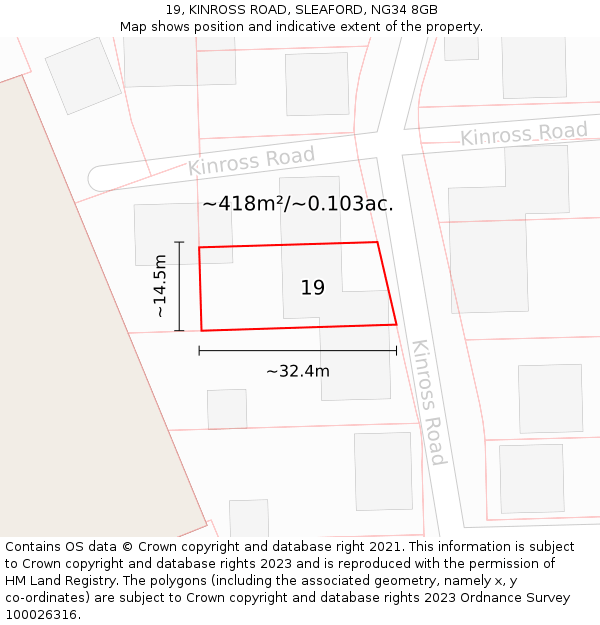 19, KINROSS ROAD, SLEAFORD, NG34 8GB: Plot and title map