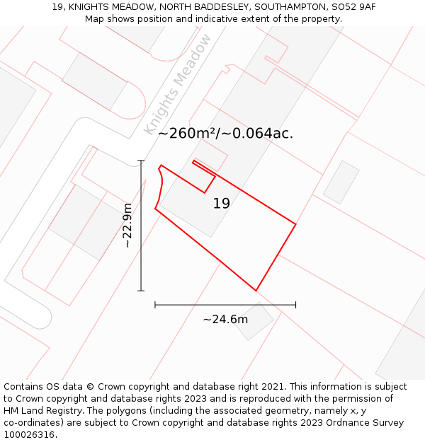 19, KNIGHTS MEADOW, NORTH BADDESLEY, SOUTHAMPTON, SO52 9AF: Plot and title map