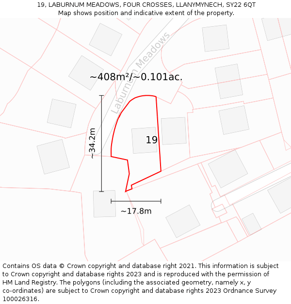 19, LABURNUM MEADOWS, FOUR CROSSES, LLANYMYNECH, SY22 6QT: Plot and title map