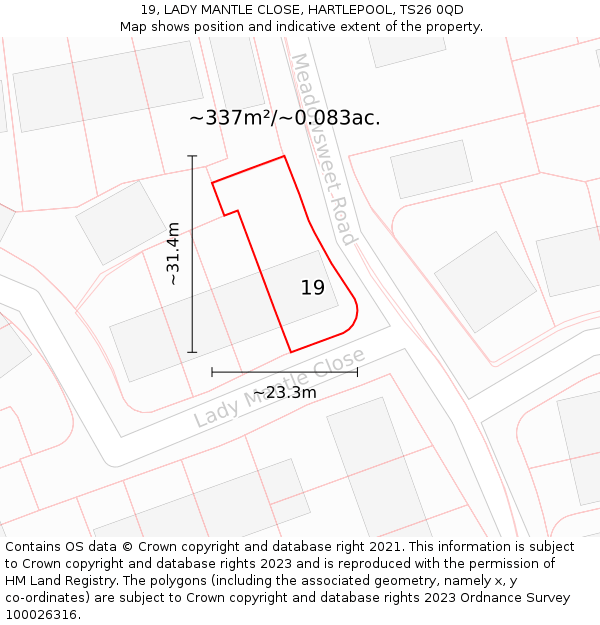 19, LADY MANTLE CLOSE, HARTLEPOOL, TS26 0QD: Plot and title map