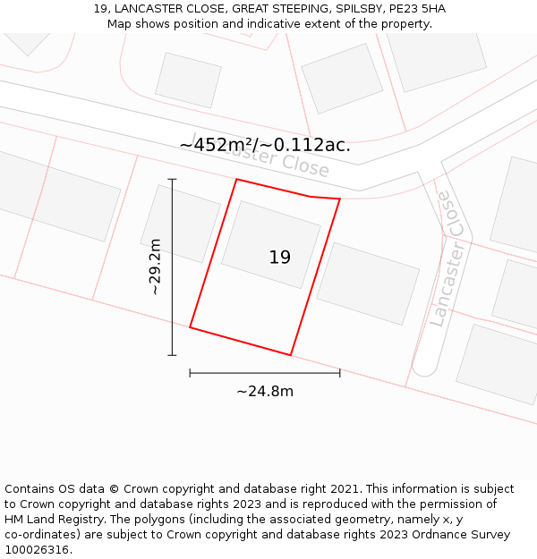 19, LANCASTER CLOSE, GREAT STEEPING, SPILSBY, PE23 5HA: Plot and title map