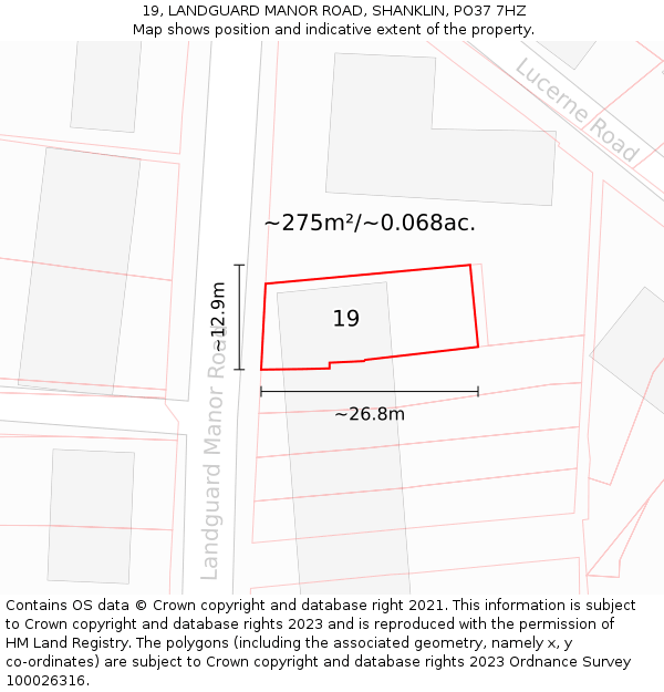 19, LANDGUARD MANOR ROAD, SHANKLIN, PO37 7HZ: Plot and title map