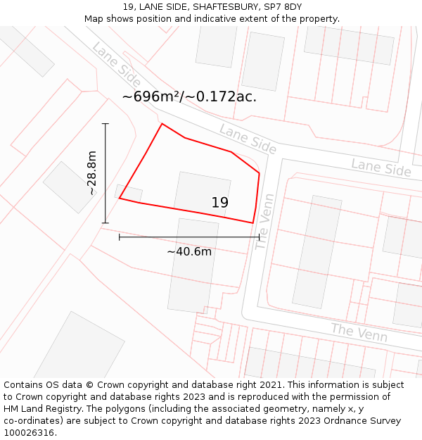 19, LANE SIDE, SHAFTESBURY, SP7 8DY: Plot and title map