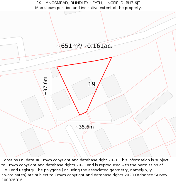 19, LANGSMEAD, BLINDLEY HEATH, LINGFIELD, RH7 6JT: Plot and title map