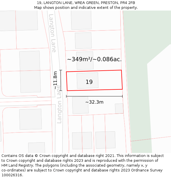 19, LANGTON LANE, WREA GREEN, PRESTON, PR4 2FB: Plot and title map