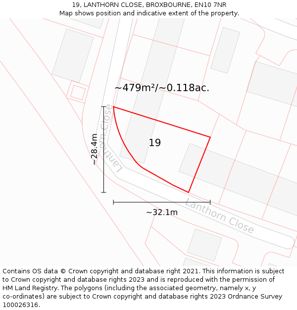 19, LANTHORN CLOSE, BROXBOURNE, EN10 7NR: Plot and title map