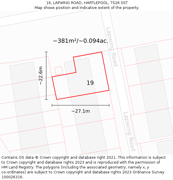 19, LAPWING ROAD, HARTLEPOOL, TS26 0ST: Plot and title map