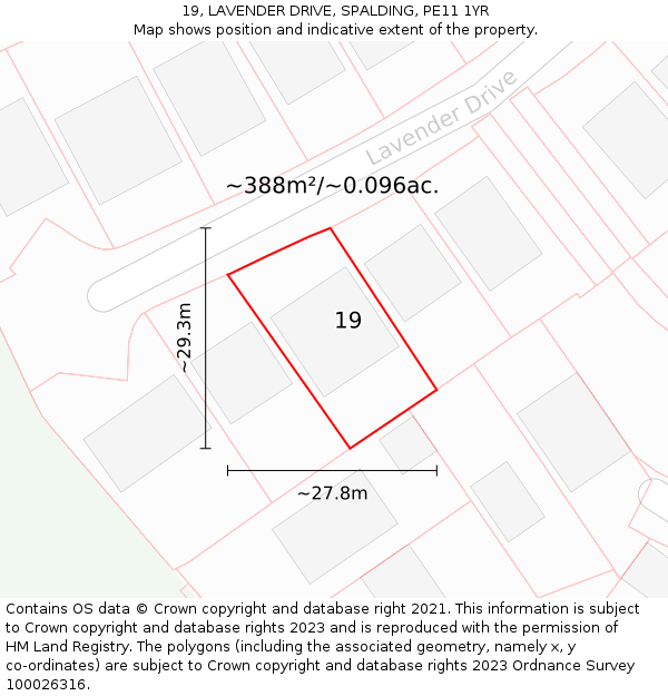 19, LAVENDER DRIVE, SPALDING, PE11 1YR: Plot and title map