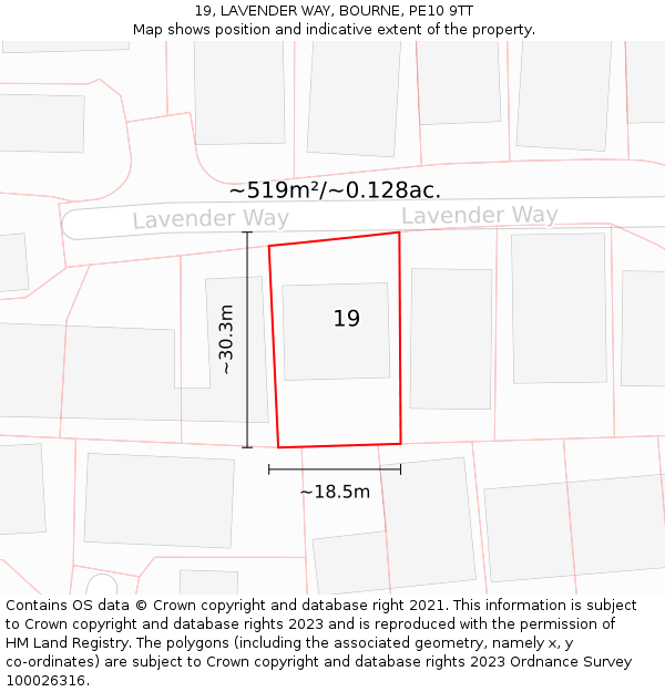 19, LAVENDER WAY, BOURNE, PE10 9TT: Plot and title map
