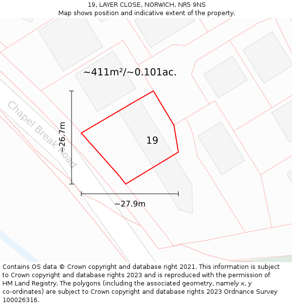 19, LAYER CLOSE, NORWICH, NR5 9NS: Plot and title map