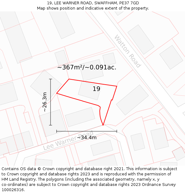 19, LEE WARNER ROAD, SWAFFHAM, PE37 7GD: Plot and title map