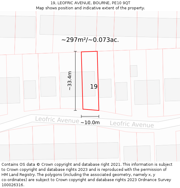 19, LEOFRIC AVENUE, BOURNE, PE10 9QT: Plot and title map