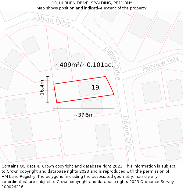 19, LILBURN DRIVE, SPALDING, PE11 3NY: Plot and title map