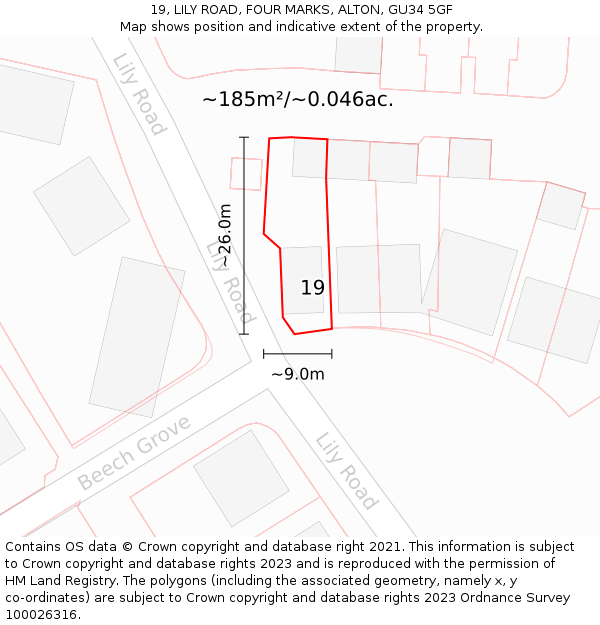 19, LILY ROAD, FOUR MARKS, ALTON, GU34 5GF: Plot and title map