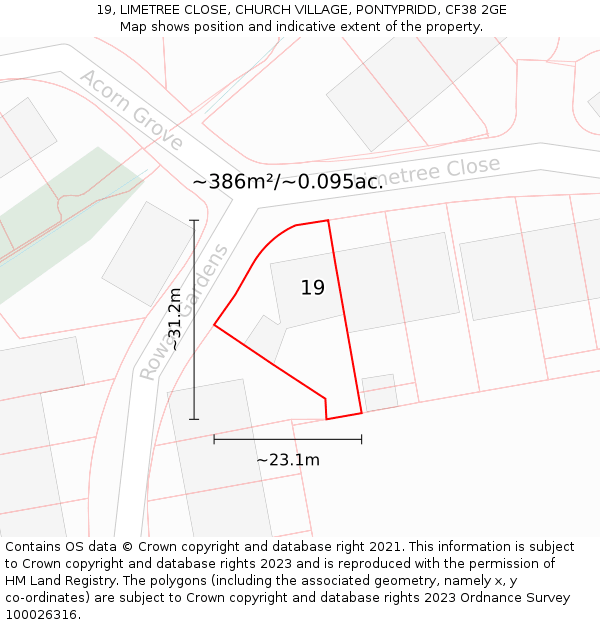 19, LIMETREE CLOSE, CHURCH VILLAGE, PONTYPRIDD, CF38 2GE: Plot and title map