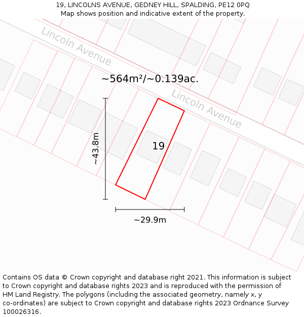 19, LINCOLNS AVENUE, GEDNEY HILL, SPALDING, PE12 0PQ: Plot and title map