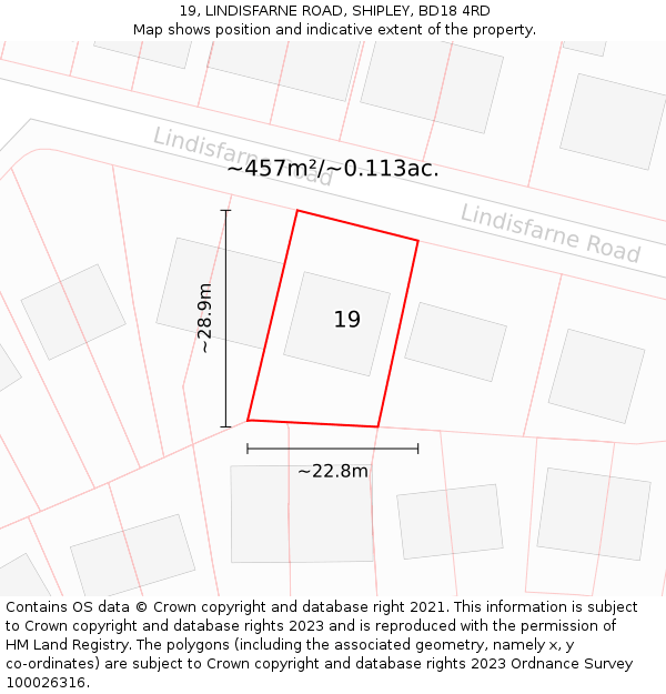 19, LINDISFARNE ROAD, SHIPLEY, BD18 4RD: Plot and title map