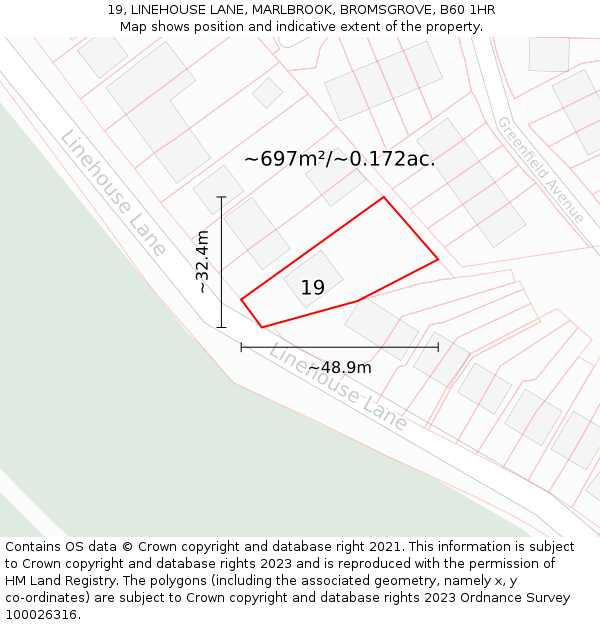 19, LINEHOUSE LANE, MARLBROOK, BROMSGROVE, B60 1HR: Plot and title map