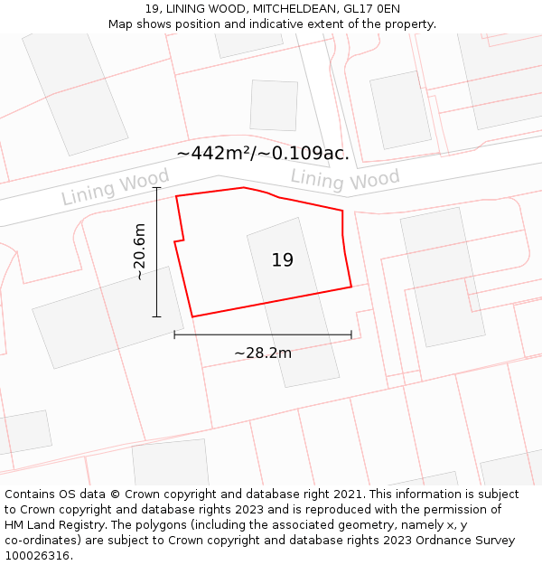 19, LINING WOOD, MITCHELDEAN, GL17 0EN: Plot and title map